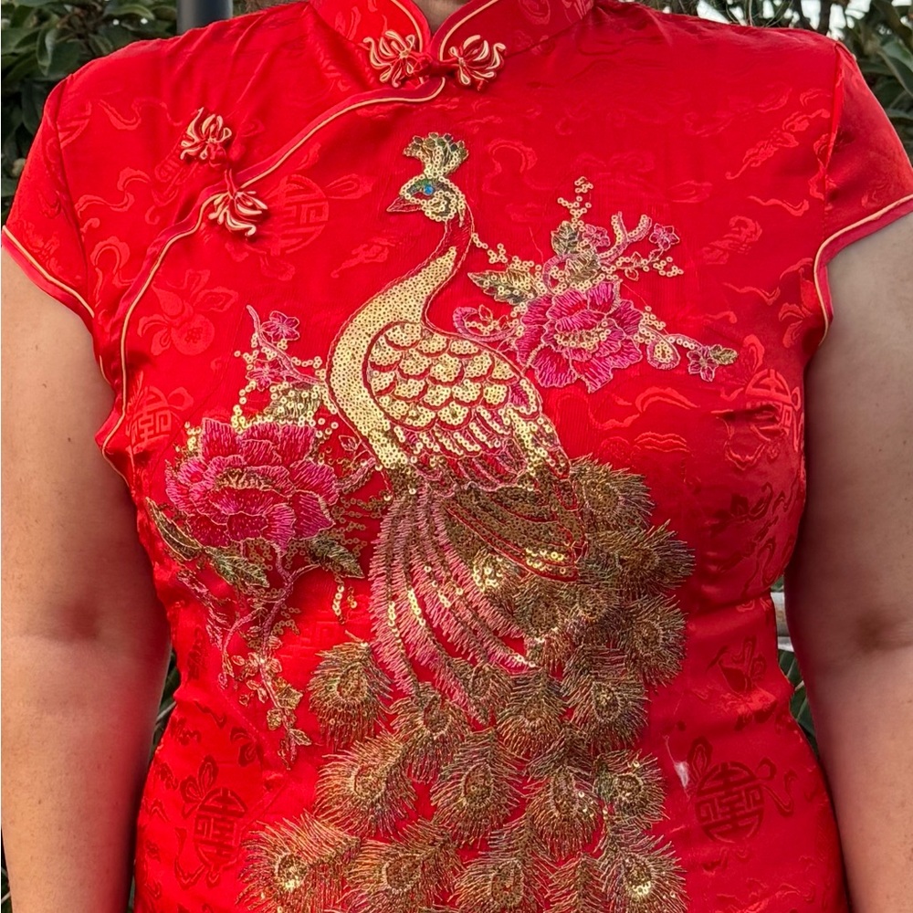 Red Embroidered Dress with Gold Peacock Design